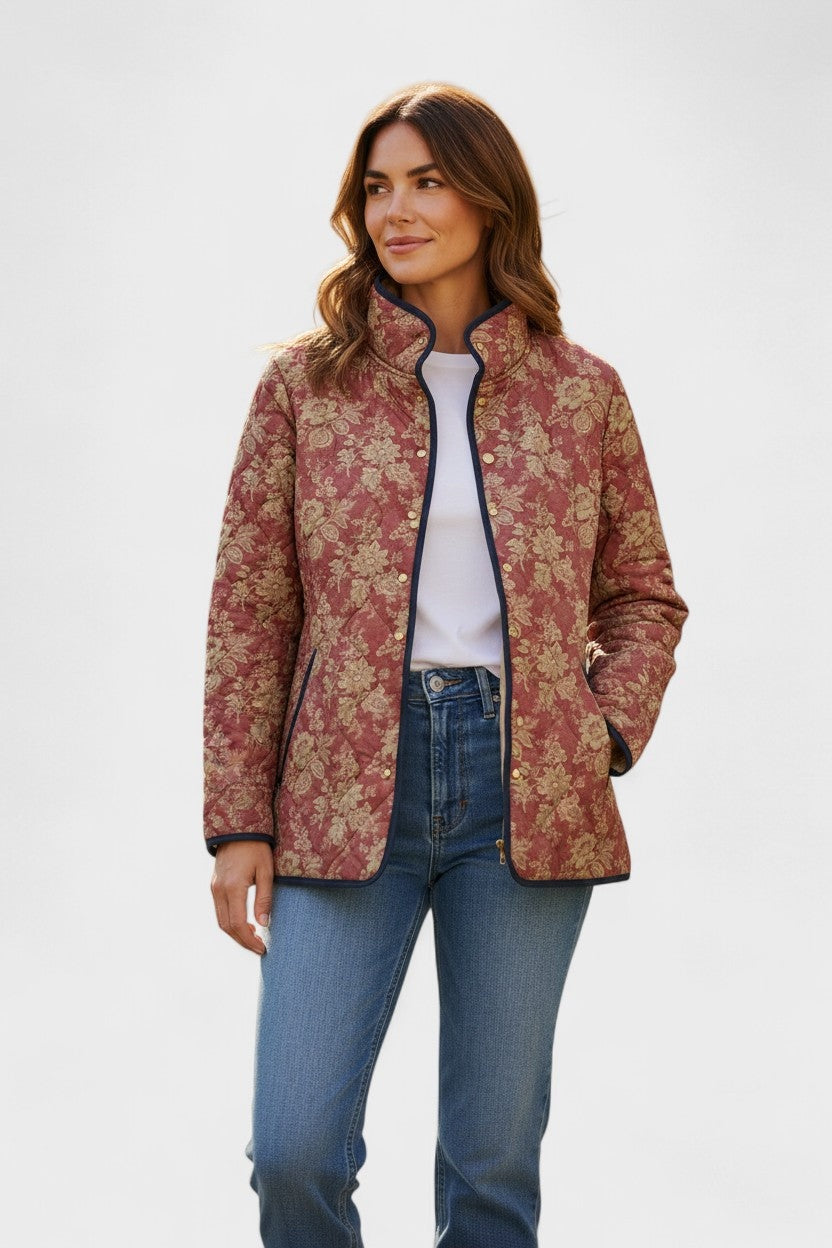 Veste matelassée fleurie patchwork pour femme à boutons-pression sur le devant