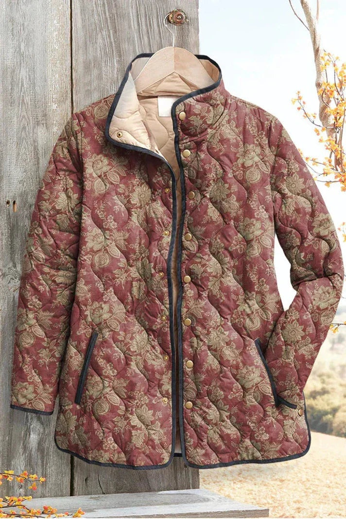 Veste matelassée fleurie patchwork pour femme à boutons-pression sur le devant