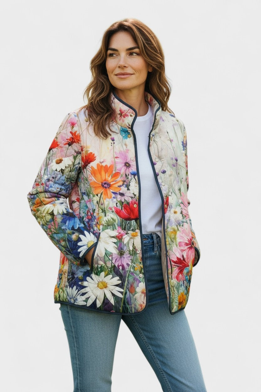 Veste matelassée fleurie patchwork pour femme à boutons-pression sur le devant