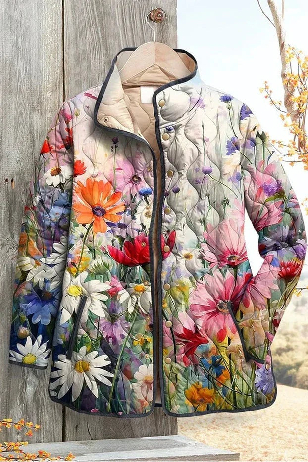 Veste matelassée fleurie patchwork pour femme à boutons-pression sur le devant