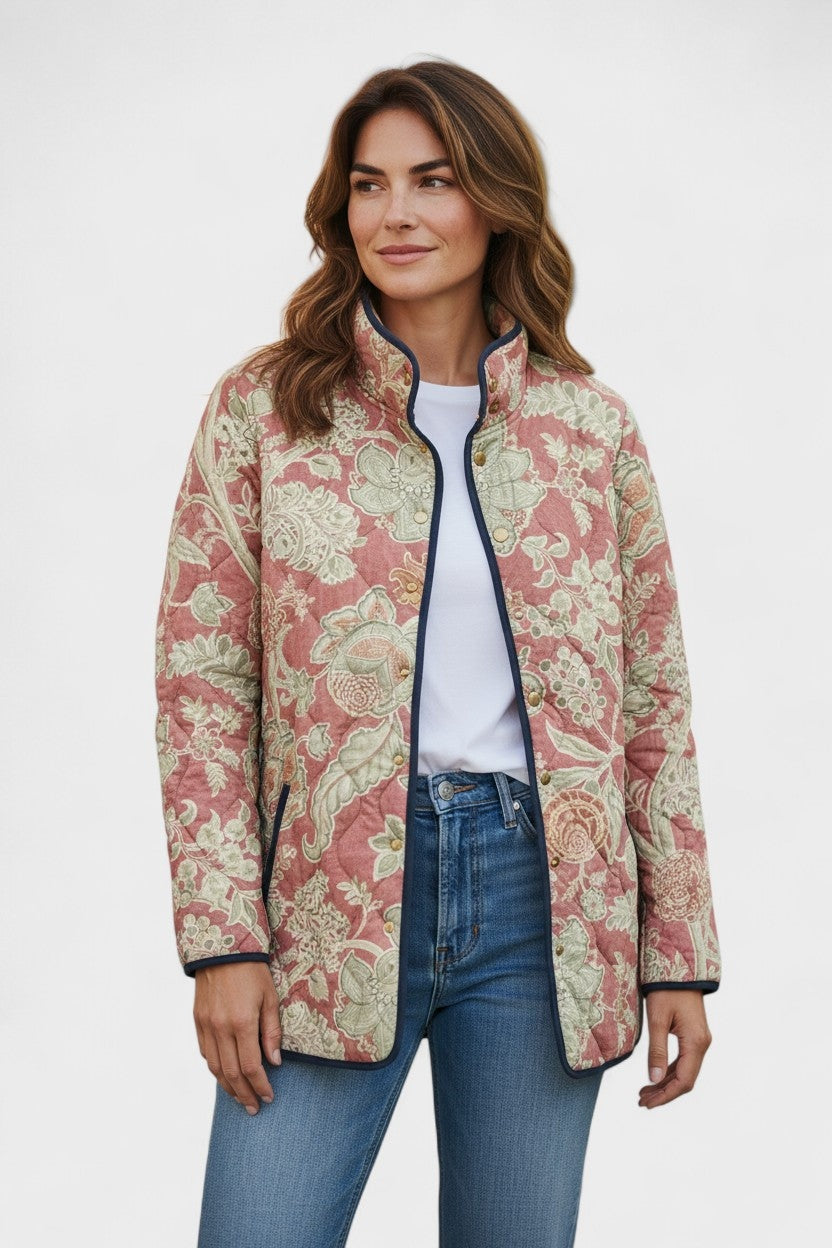 Veste matelassée fleurie patchwork pour femme à boutons-pression sur le devant