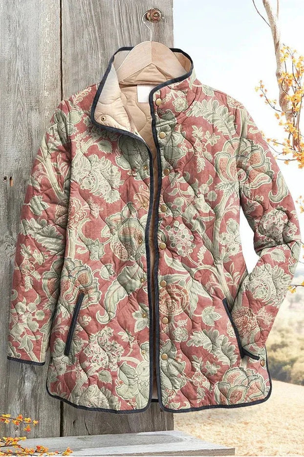 Veste matelassée fleurie patchwork pour femme à boutons-pression sur le devant