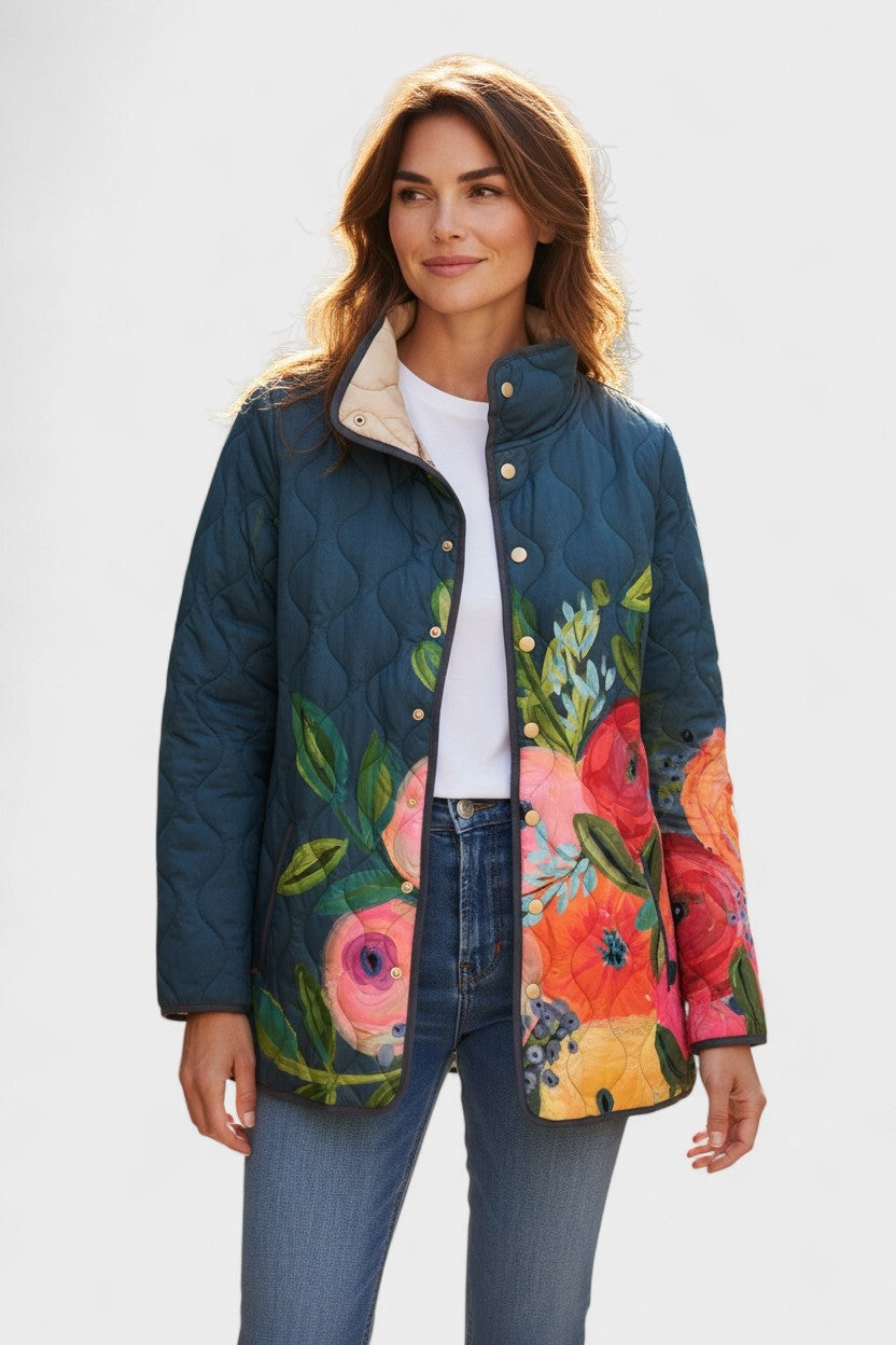 Veste matelassée fleurie patchwork pour femme à boutons-pression sur le devant