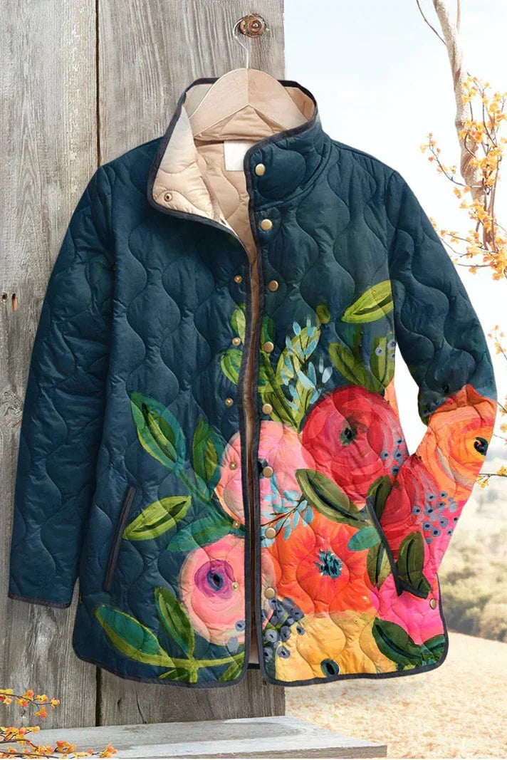 Veste matelassée fleurie patchwork pour femme à boutons-pression sur le devant