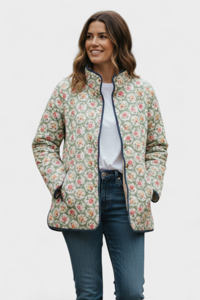 Veste matelassée fleurie patchwork pour femme à boutons-pression sur le devant