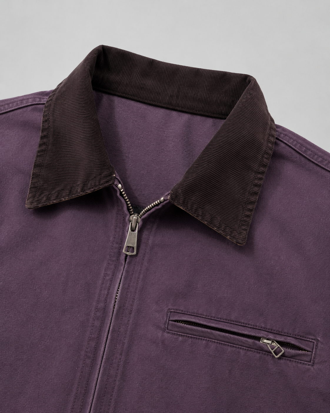Men's washed workwear jacket with contrast collar and zip front