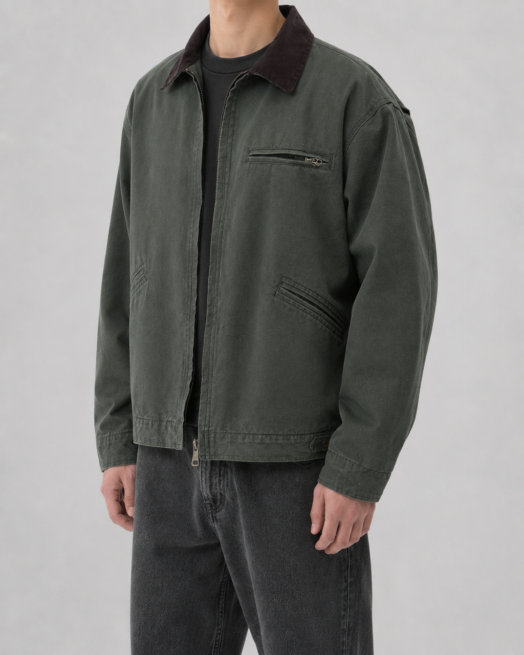 Men's washed workwear jacket with contrast collar and zip front