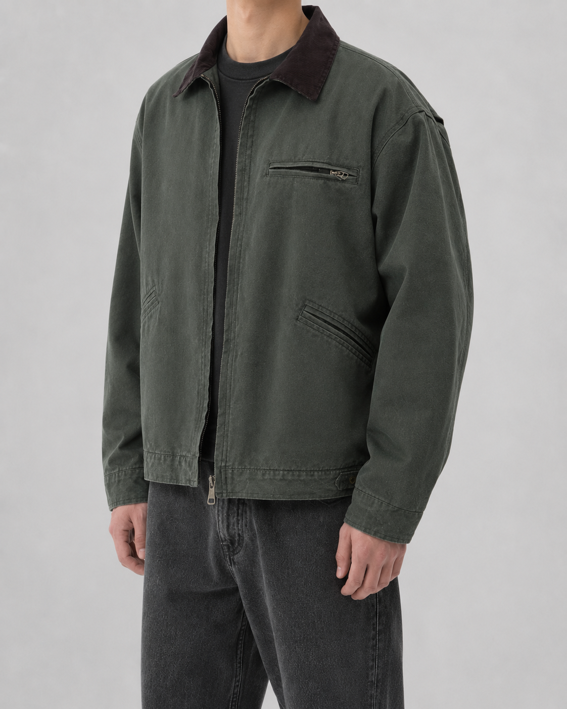 Men's washed workwear jacket with contrast collar and zip front