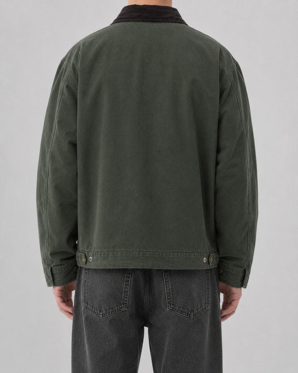Men's washed workwear jacket with contrast collar and zip front