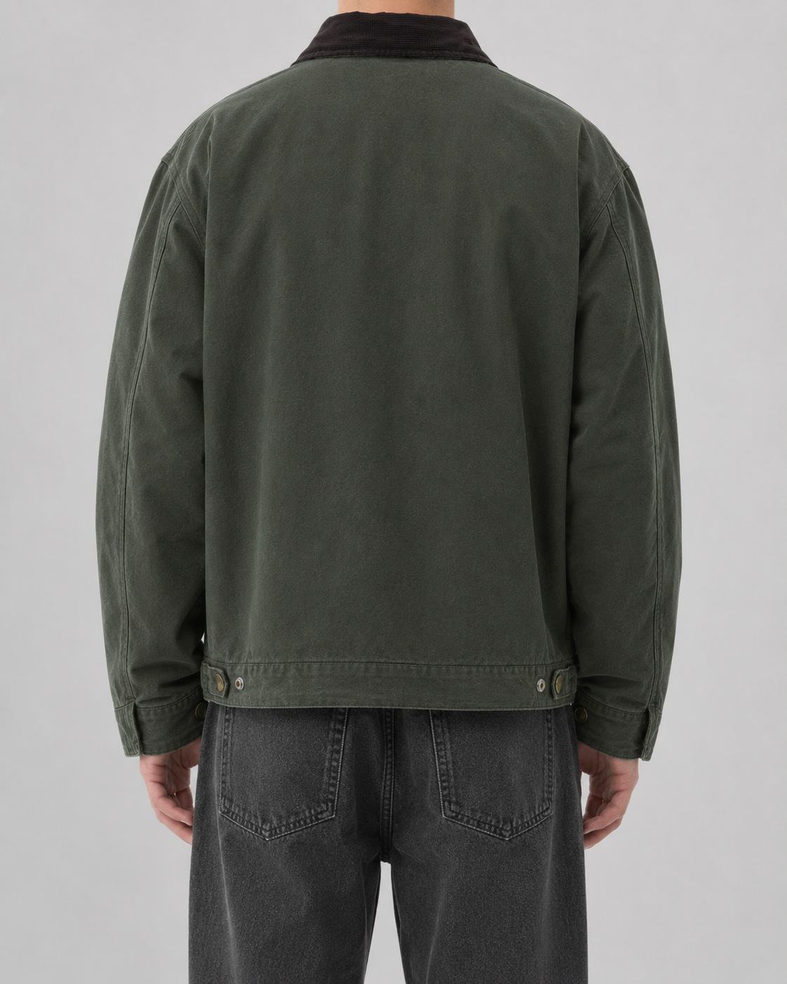 Men's washed workwear jacket with contrast collar and zip front