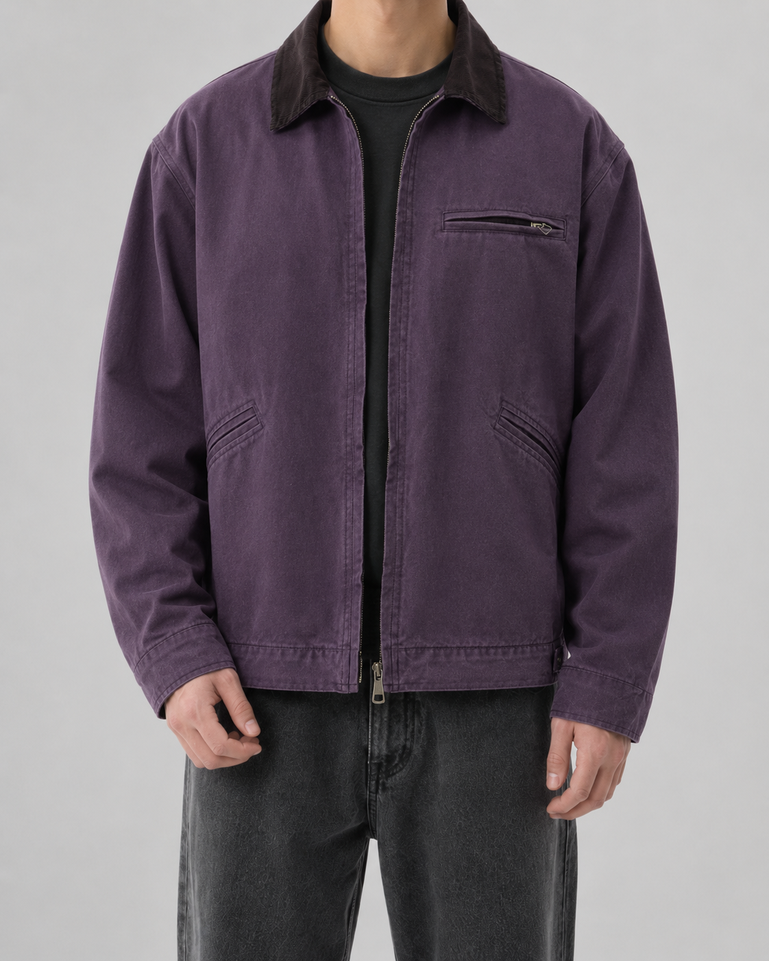Men's washed workwear jacket with contrast collar and zip front