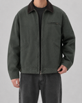 Men's washed workwear jacket with contrast collar and zip front
