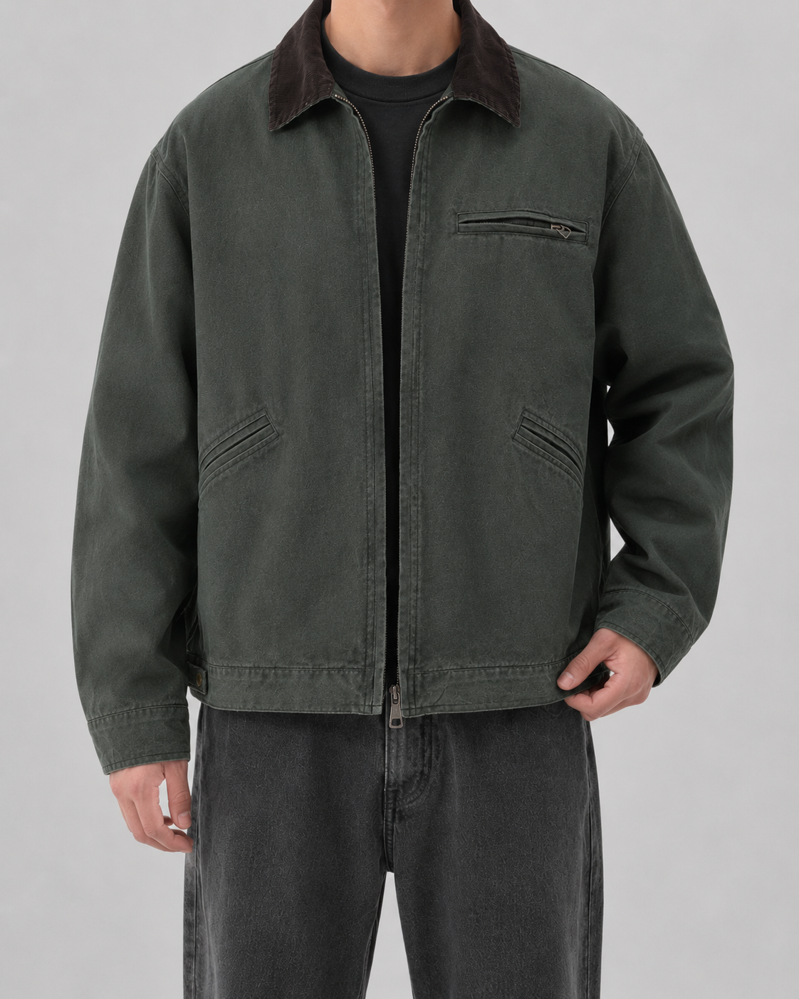 Men's washed workwear jacket with contrast collar and zip front