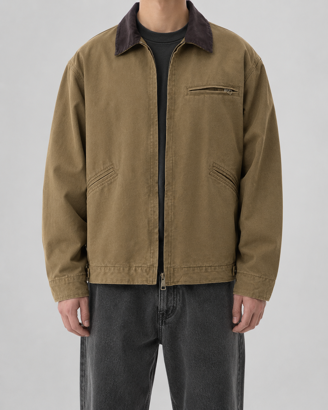 Men's washed workwear jacket with contrast collar and zip front