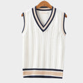 Women's striped cable-knit sweater vest with V-neck and contrast trim