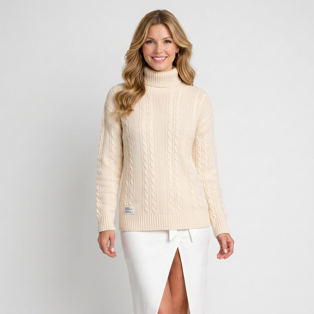 Women’s Cable Knit Turtleneck Sweater – Chunky Ribbed Hem Pullover