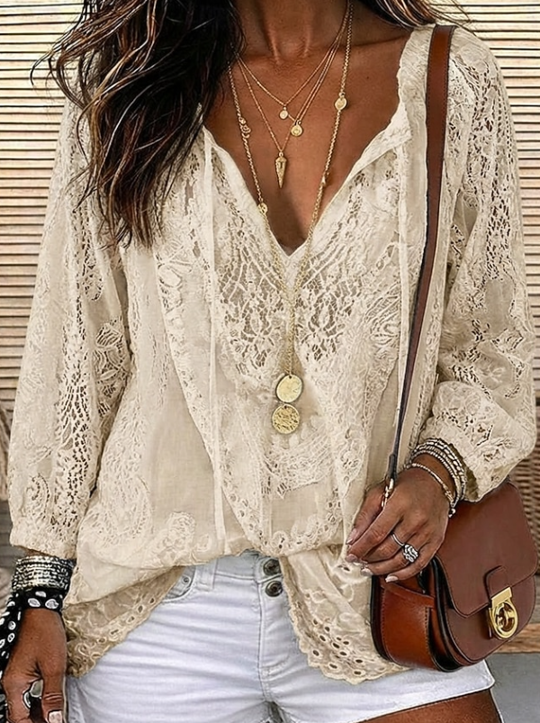 Women's Deep V-Neck Floral Lace Long Sleeve Blouse