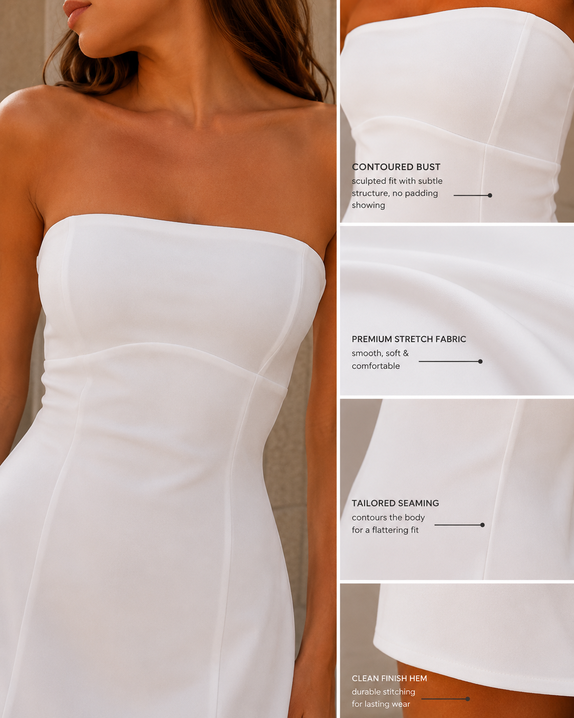 Robe courte structurée pour femme, coupe évasée et bustier découpé.