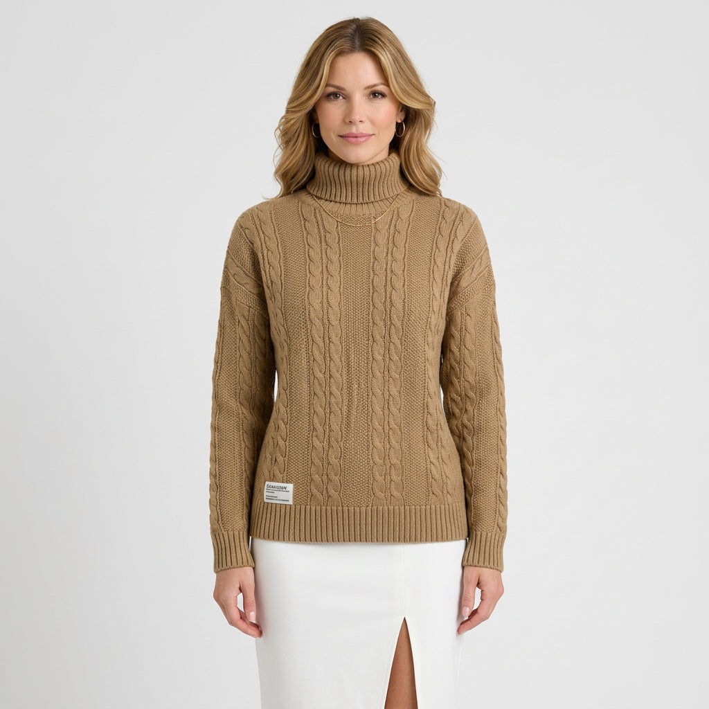 Women’s Cable Knit Turtleneck Sweater – Chunky Ribbed Hem Pullover