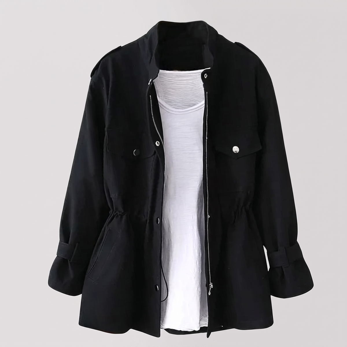 Women's utility field jacket with stand collar, cinched waist and flap pockets