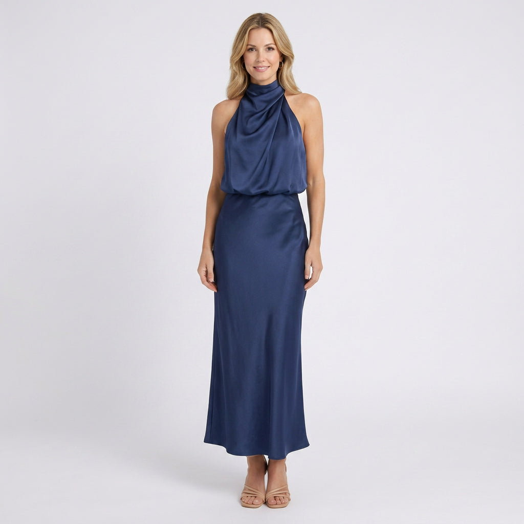 Halter Neck Midi Dress – Draped Satin Occasion Style