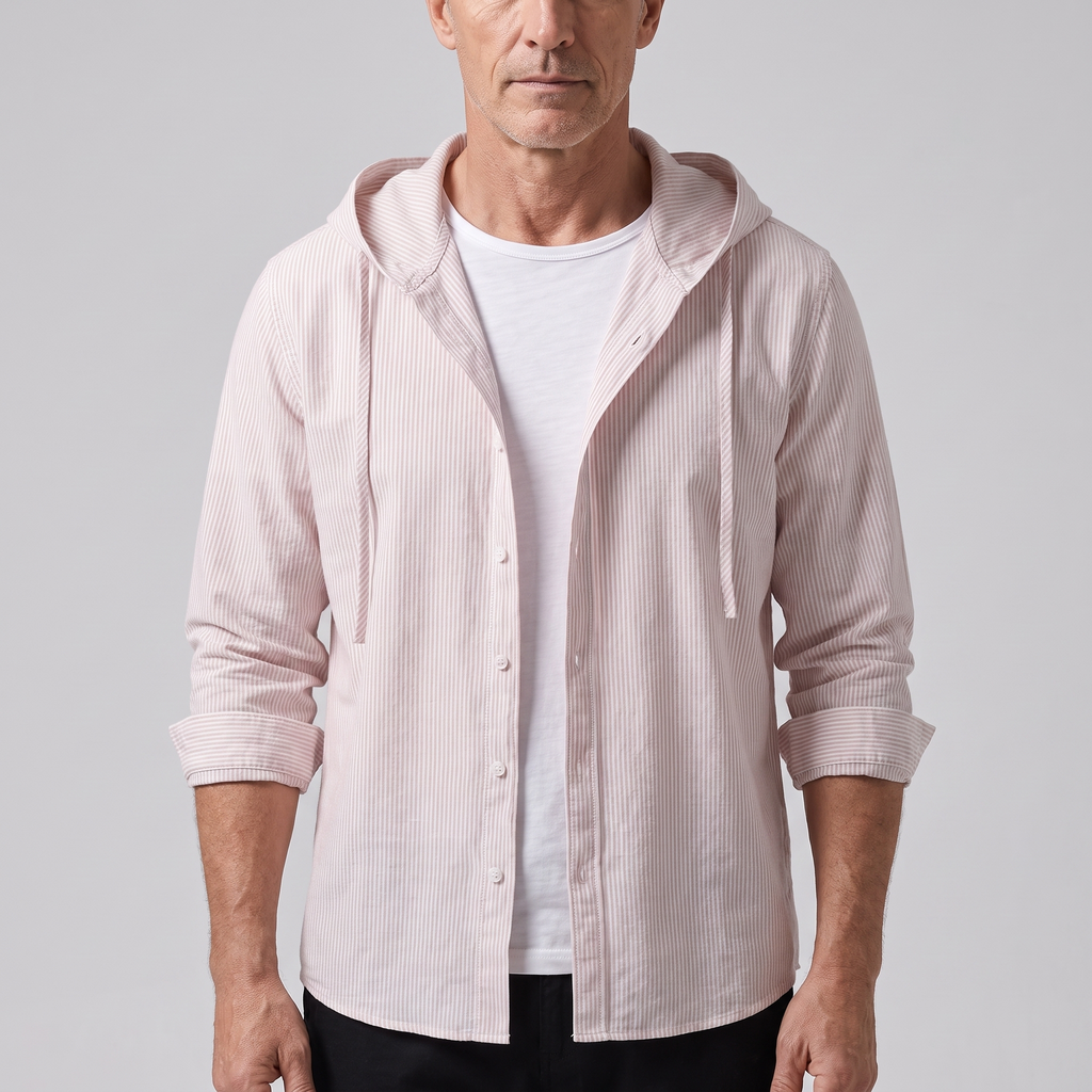 Men's Striped Hooded Linen Blend Button-Up Shirt