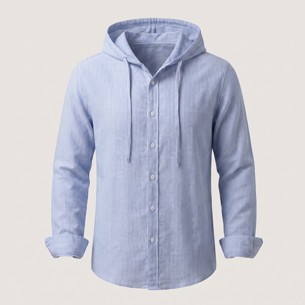 Men's Striped Hooded Linen Blend Button-Up Shirt