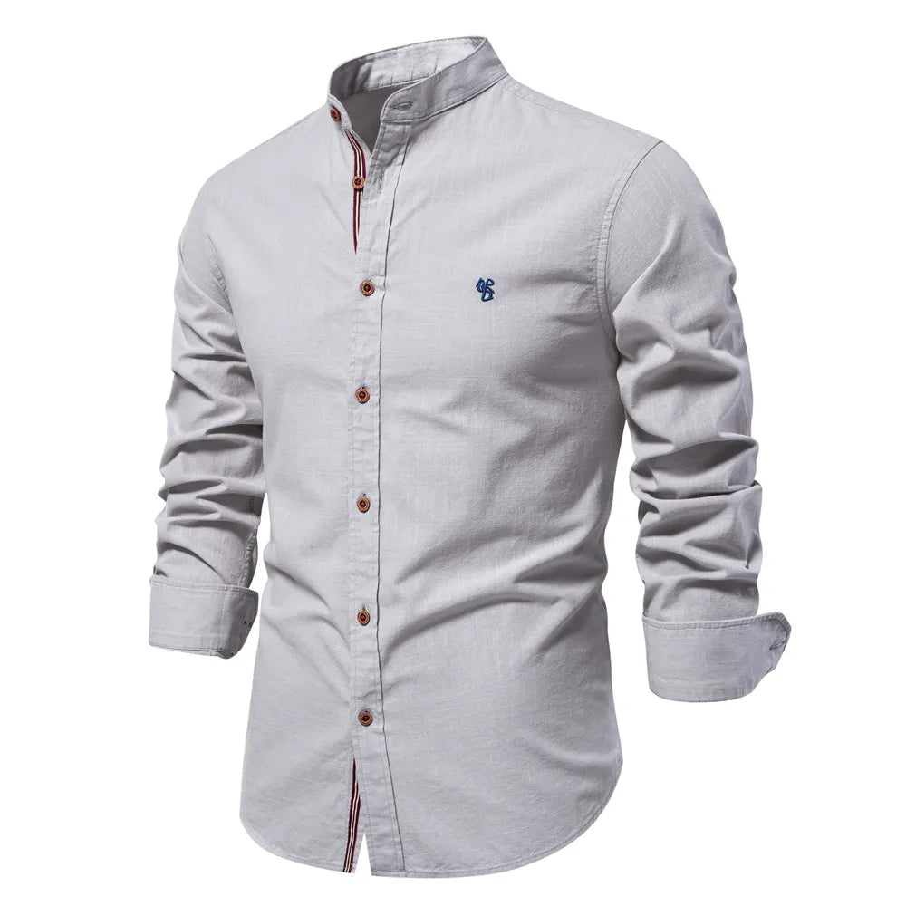 Men's long-sleeve mandarin collar shirt with button front and chest emblem