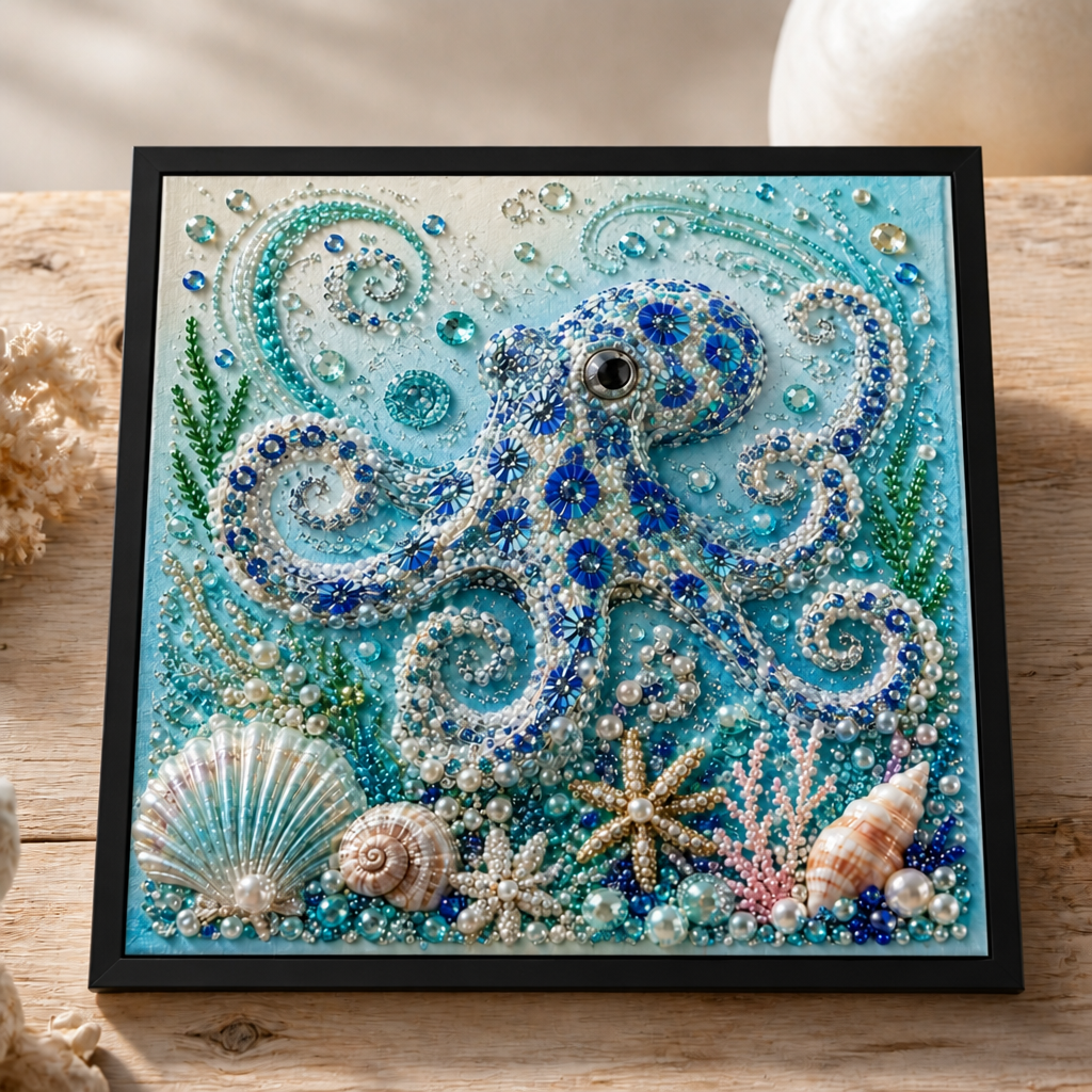 Sea life diamond painting artwork with octopus, shells, coral and starfish