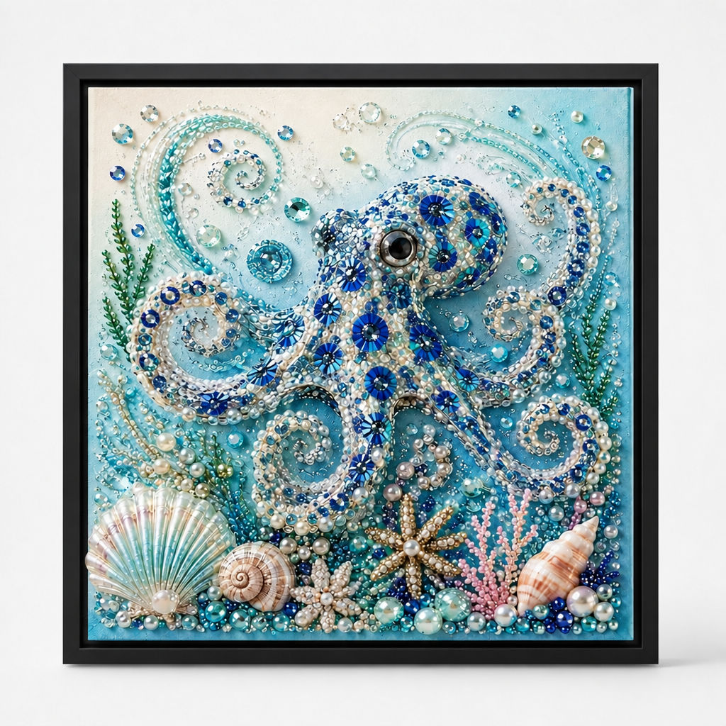 Sea life diamond painting artwork with octopus, shells, coral and starfish