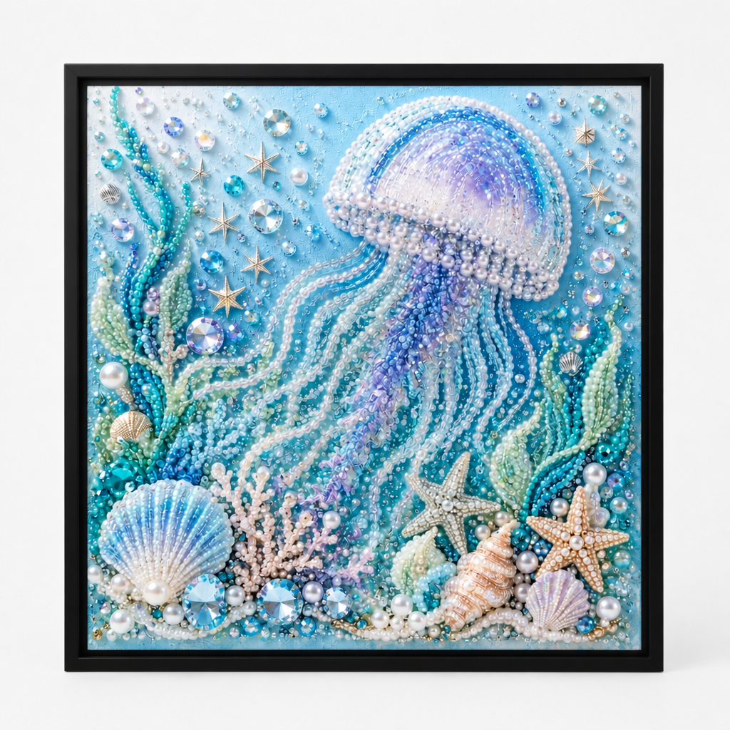 Sea life diamond painting artwork with octopus, shells, coral and starfish