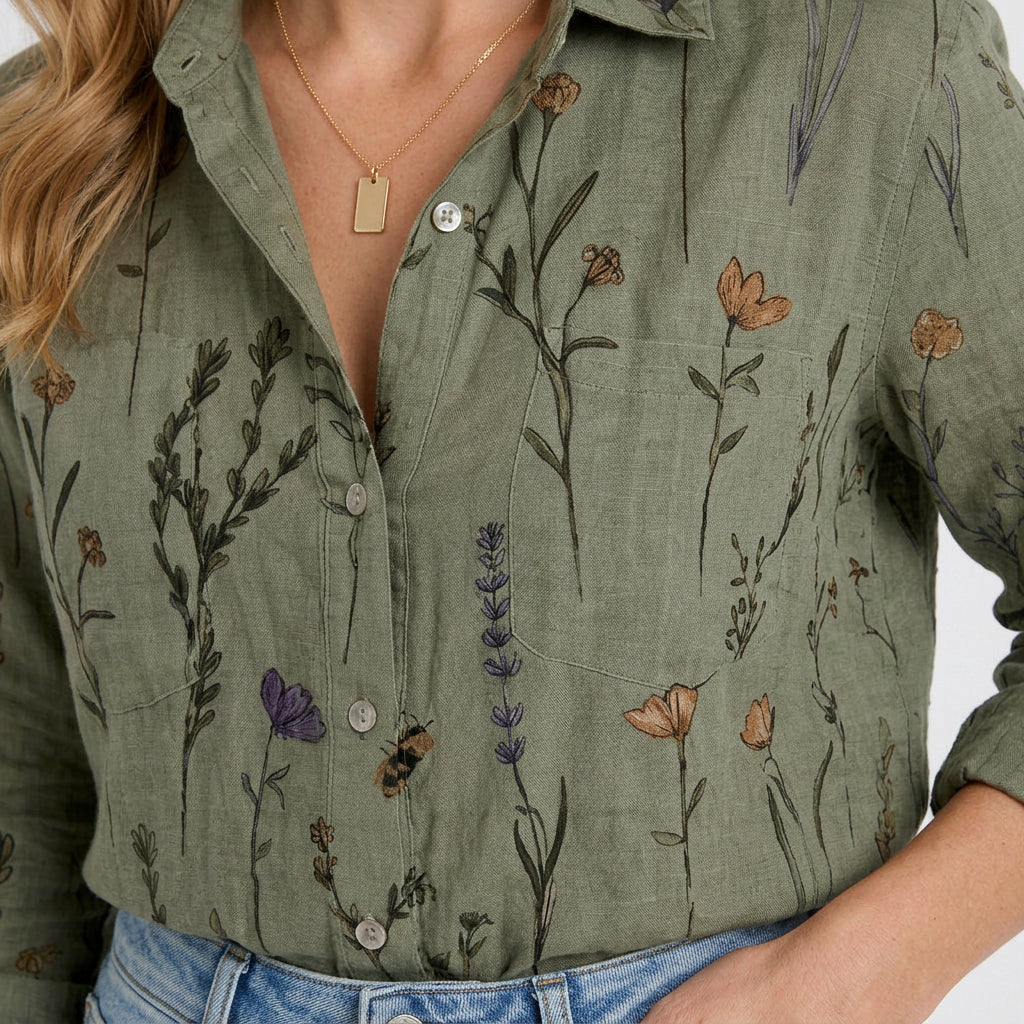 Women’s Printed Button Up Shirt – Collared Long Sleeve Pocket Style