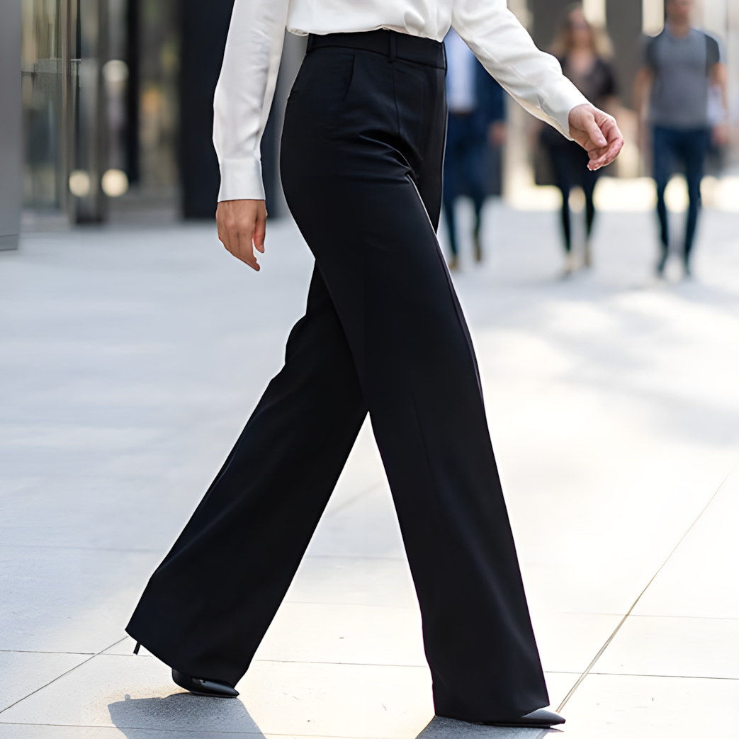 Women's high-waisted wide-leg tailored trousers with button waist, zip fly and angled pockets