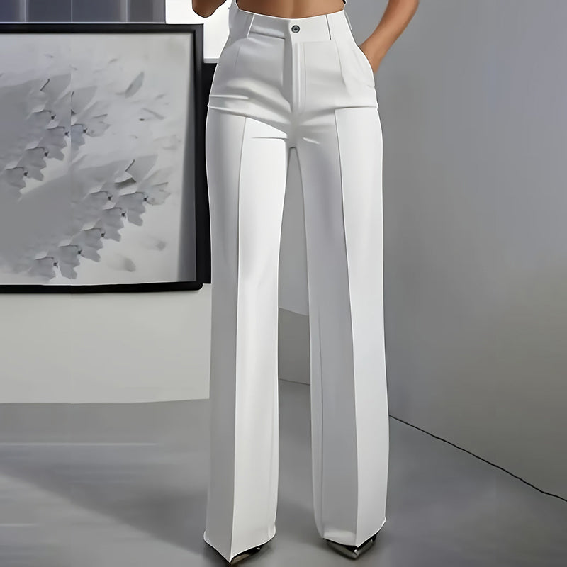 Women's high-waisted wide-leg tailored trousers with button waist, zip fly and angled pockets