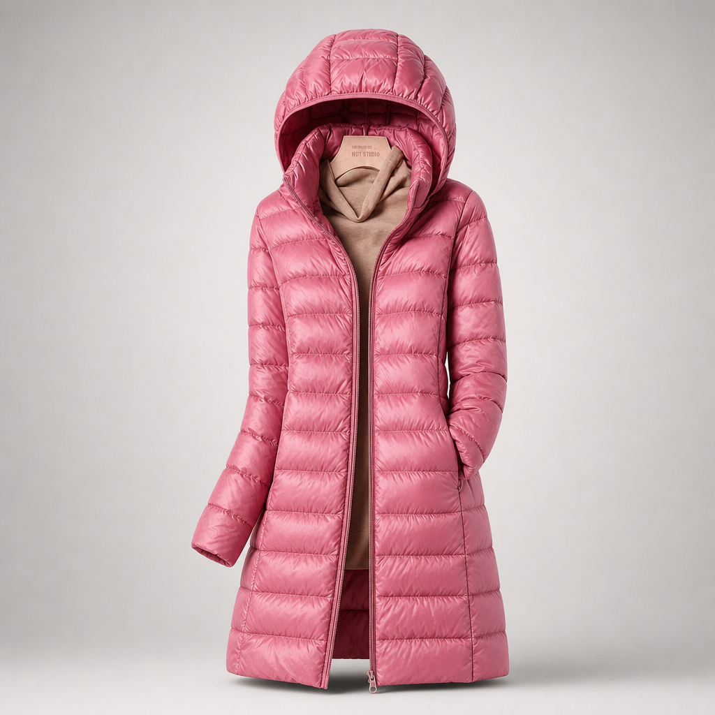 Doudoune légère longue à capuche pour femme