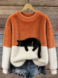 Women's Fluffy Cat Motif Colour Block Jumper