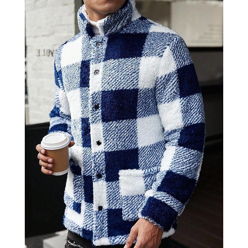 Men’s Plaid Fleece Notch Lapel Jacket