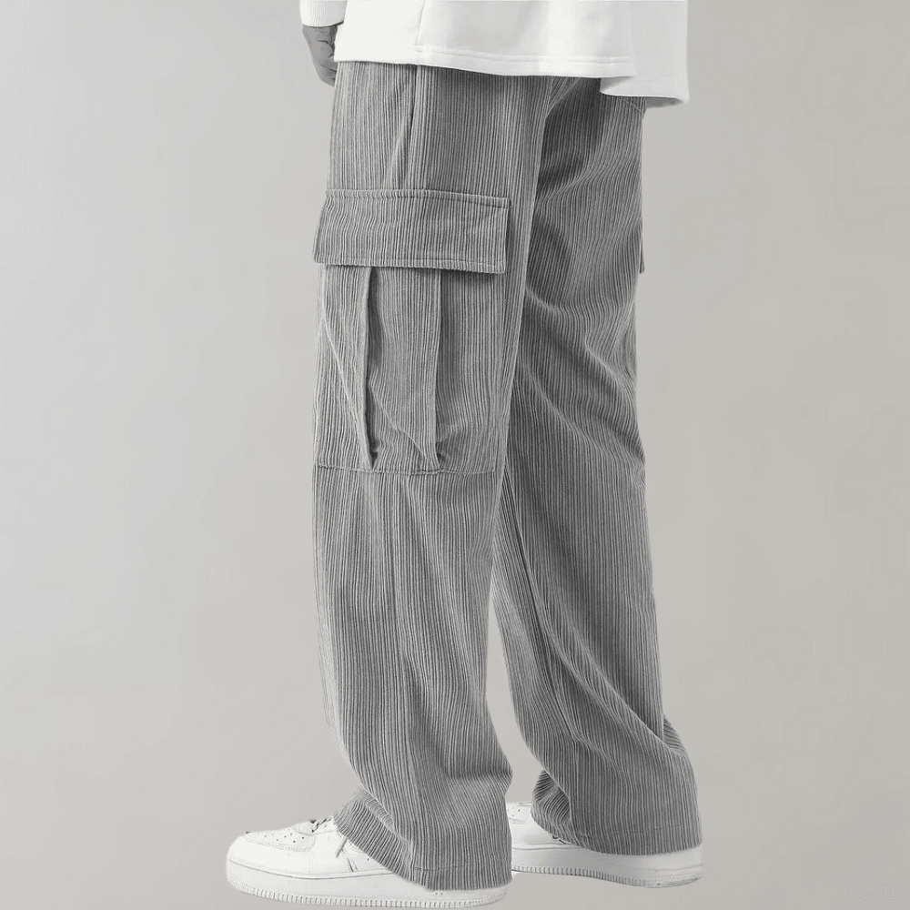 Wide Leg Corduroy Cargo Trousers with Drawstring Waist