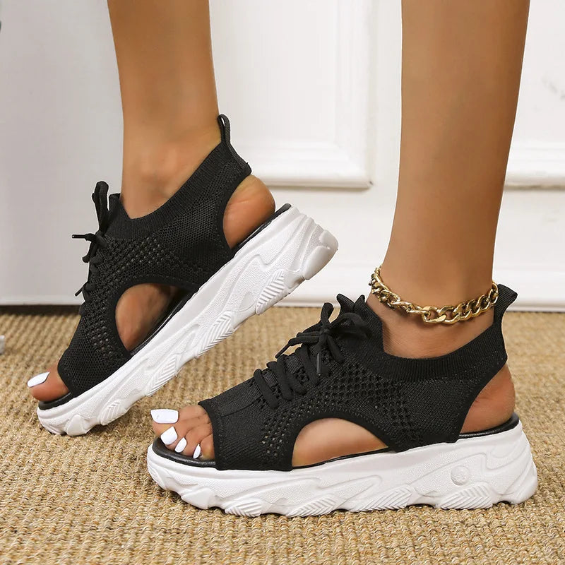 Knit Lace-Up Open Toe Platform Trainer Sandals