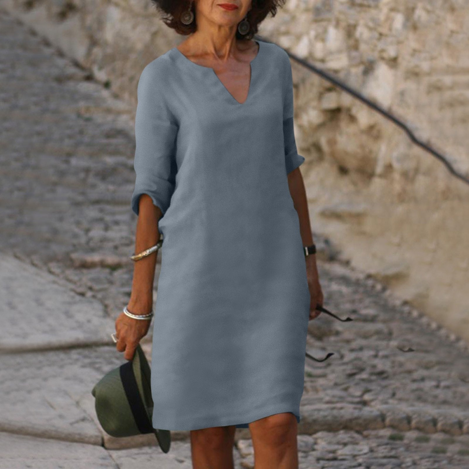 Notch V-Neck Linen Shift Dress with Roll-Up Sleeves