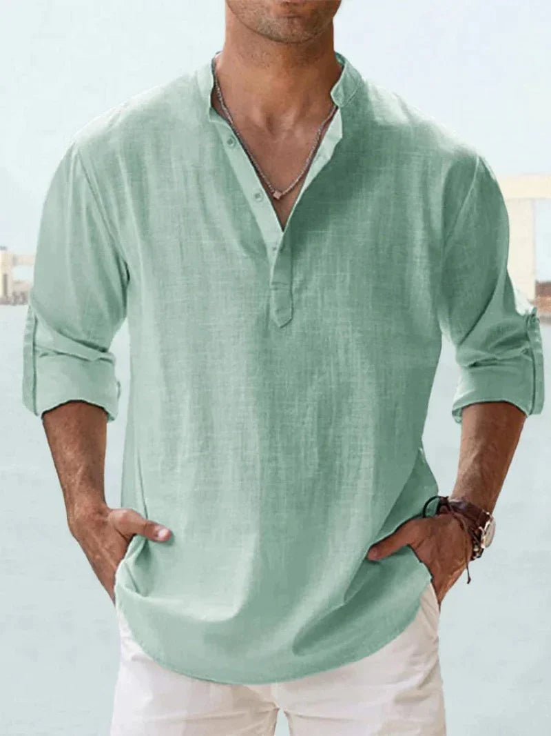 Linen Blend Long Sleeve Popover Shirt with Open Collar