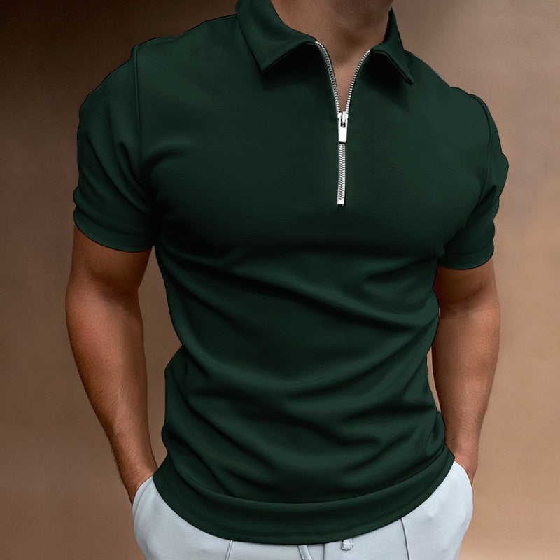 Slim Fit Zip Neck Polo Shirt with Short Sleeves