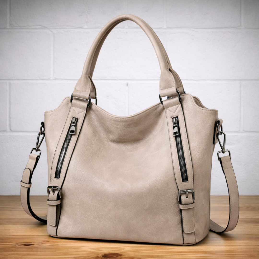 Slouchy Zip Detail Tote Bag with Buckle Straps