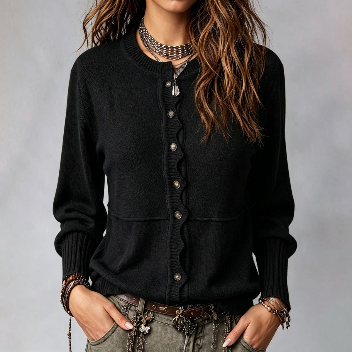 Women's Button-Front Knit Cardigan with Scalloped Trim