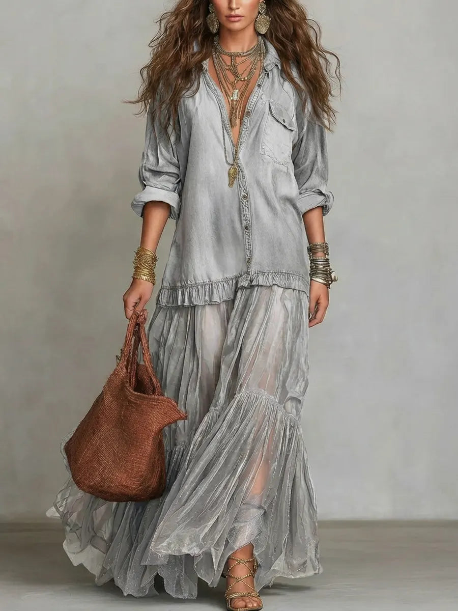Women's Denim Bodice Sheer Tiered Maxi Dress