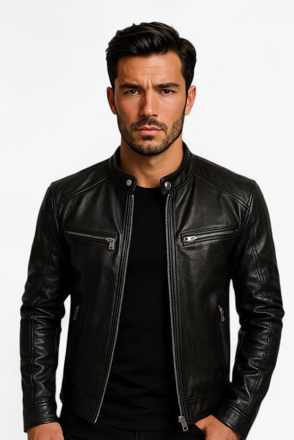 Men's Faux Leather Snap-Collar Moto Jacket