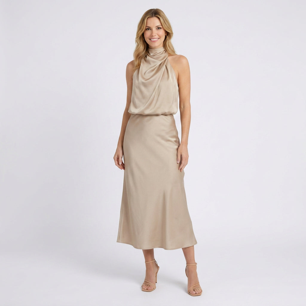 Halter Neck Midi Dress – Draped Satin Occasion Style