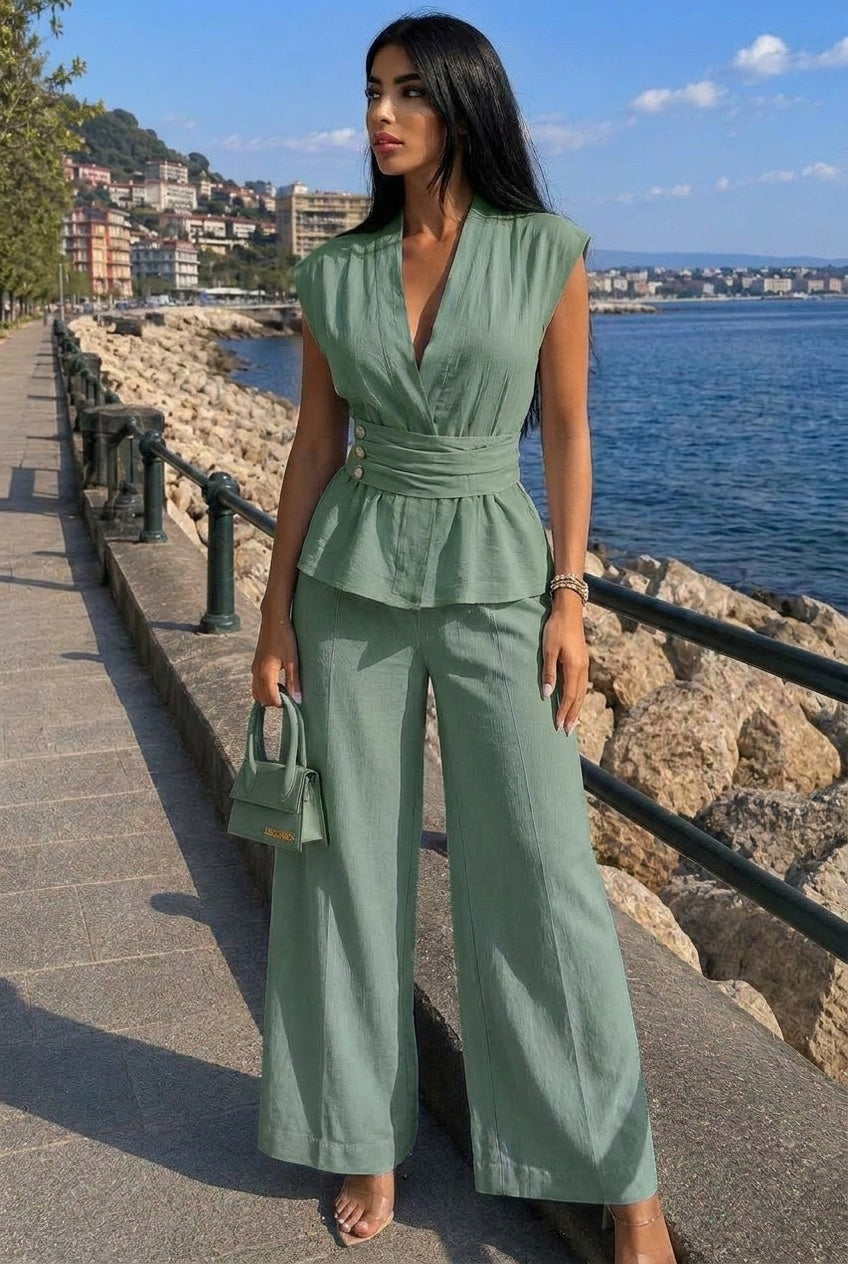 Tailored Wrap Peplum Top and Wide Leg Trouser Set