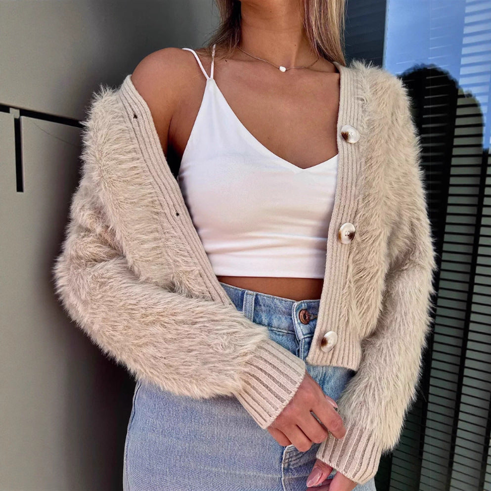 Women's Fuzzy Cropped Button-Front Knit Cardigan