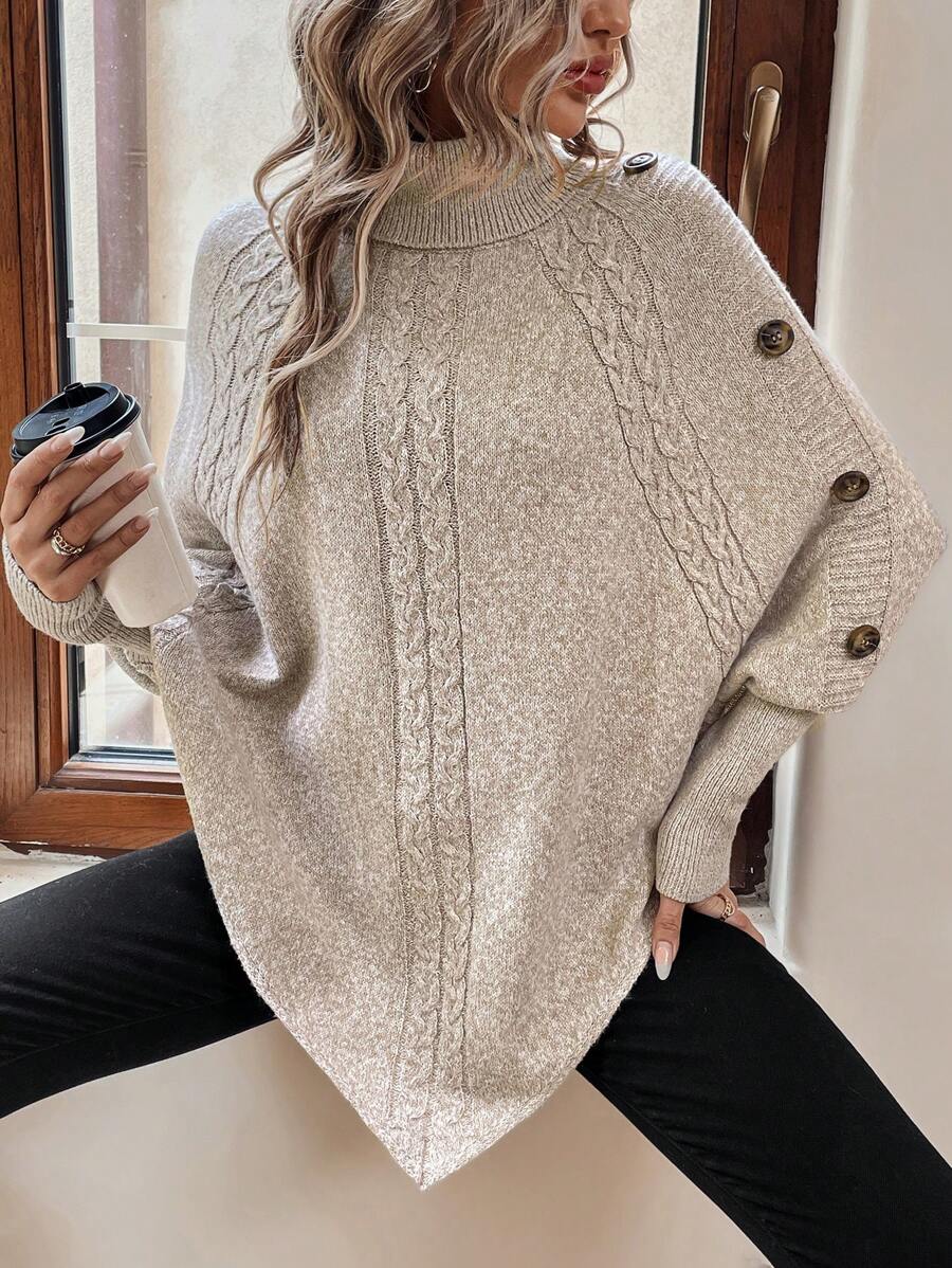 Women's Cable Knit Turtleneck Poncho Sweater